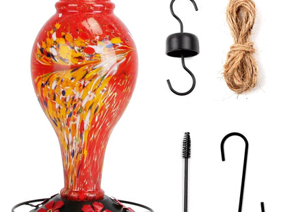Glass Hummingbird Feeder 33OZ Hand Blown Hummingbird Feeder With 5 Flower Feeding Port Perch Ant Moat Hanging Hook S Hook Hemp Rope Cleaning Brush For Garden Backyard Decor