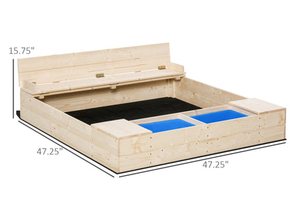 Kids Wooden Sandbox w/ Two Plastic Boxes Foldable Bench Seat Waterproof Cover Bottom Liner Storage Space