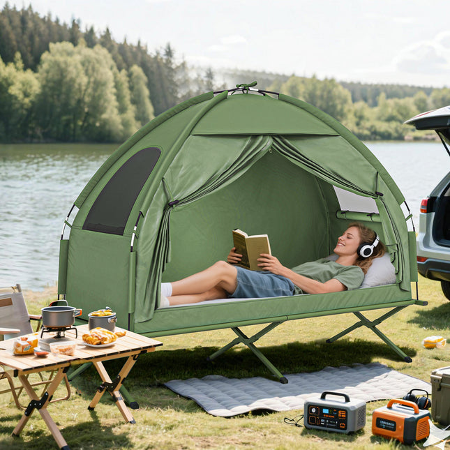 Camping Tent Cot, Single Person Folding Cot Combo, Off-Ground Tent, Covered Outdoor Bed with Carry Bag for Hiking, Camping