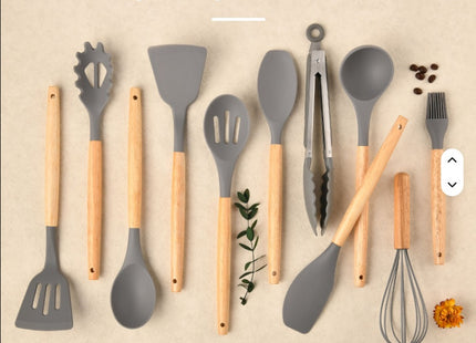 Non-Stick Silicon 12 Pcs Heat Resistant Wooden Handle Kitchen Cooking Utensils Set, Gray Color