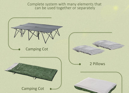 2-Person Folding Camping Cot Portable Outdoor Bed Set with Sleeping Bag, Inflatable Air Mattress, Comfort Pillows and Carry Bag, Soft and Comfortable for Outdoor Travel Camp Beach Vacation