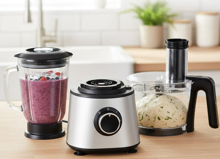 300W Food Processor With Blender & Dough Tool, 2 Speeds, Sharp Blades, Safety Lock -1.5L Glass Jar