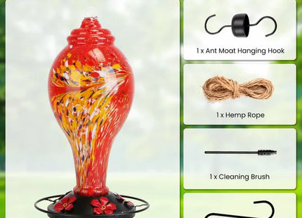 Glass Hummingbird Feeder 33OZ Hand Blown Hummingbird Feeder With 5 Flower Feeding Port Perch Ant Moat Hanging Hook S Hook Hemp Rope Cleaning Brush For Garden Backyard Decor