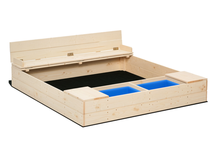 Kids Wooden Sandbox w/ Two Plastic Boxes Foldable Bench Seat Waterproof Cover Bottom Liner Storage Space