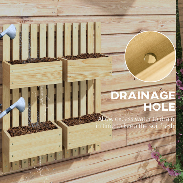 4 Box Raised Garden Bed w/ Trellis for Climbing Plants, Wall-Mounted Wood Planters w/ Drainage Holes, Natural