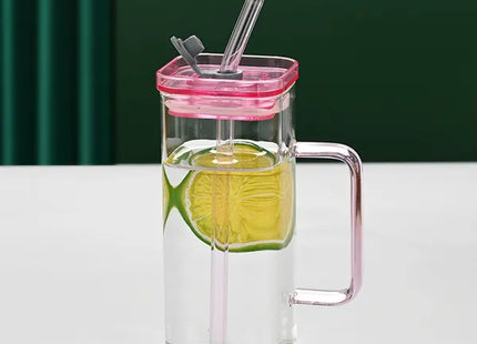 1 Pcs Pink Glass Straw Cup, 6 Colors Square Glass Cup With Straw And Lid, High Borosilicate Glass Cup, Milk Cup, Juice Cup, Cold Drink Cup, Coffee Cup, Tea Cup, Office Cup, Gift Cup