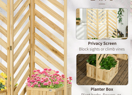 Decorative Outdoor Privacy Screen, Freestanding Divider/Separator with 4 Self-Draining Planters, 3 Trellis Plant Support Panels for Garden Walkway, Backyard, Natural Wood