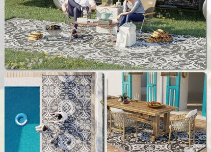 Outsunny Reversible Outdoor Rug, 9 X 18 Waterproof Plastic Straw Floor Mat, Portable RV Camping Carpet With Carry Bag, Large Floor Mat For Backyard, Deck, Picnic, Beach, Gray  White Floral