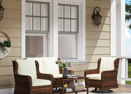 4 Piece Rattan Patio Furniture Set, Conversation Set with Swivel Glider Chairs Table Loveseat for Garden, Patio, Cream