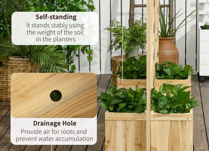 Decorative Outdoor Privacy Screen, Freestanding Divider/Separator with 4 Self-Draining Planters, 3 Trellis Plant Support Panels for Garden Walkway, Backyard, Natural Wood