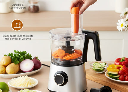 300W Food Processor With Blender & Dough Tool, 2 Speeds, Sharp Blades, Safety Lock -1.5L Glass Jar