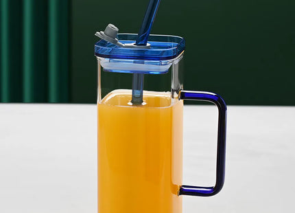 1 Pcs Blue Glass Straw Cup, 6 Colors Square Glass Cup With Straw And Lid, High Borosilicate Glass Cup, Milk Cup, Juice Cup, Cold Drink Cup, Coffee Cup, Tea Cup, Office Cup, Gift Cup