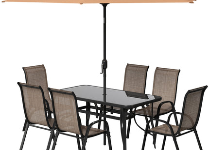 8 Pieces Patio Furniture Set with 9Ft Patio Umbrella, Outdoor Dining Table and Chairs, Light Mixed Brown