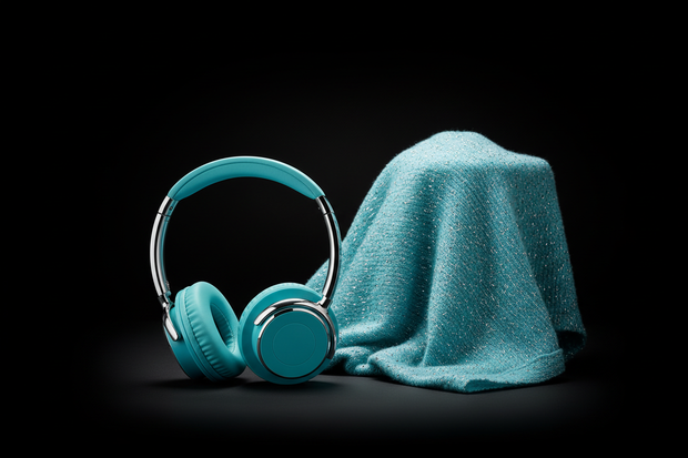 black background with aqua blue and silver headphones and aqua blue and silver woman's sweater
