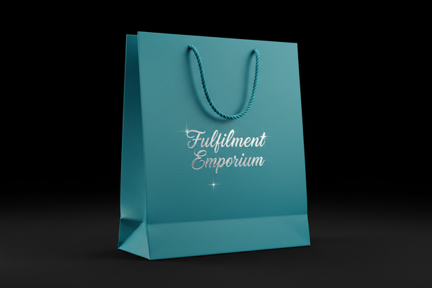 black background with aqua blue shopping bag with fulfillment Emporium written on it in silver type