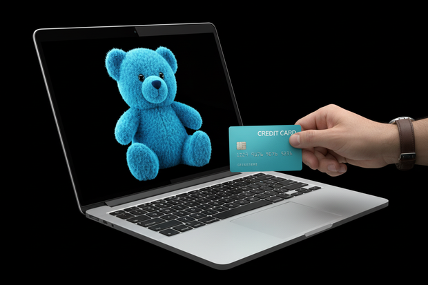 black background with silver lap top at 3/4 view black screen with image of a blue teddy bear on it, a male hand holding an aqua blue credit card over the keyboard
