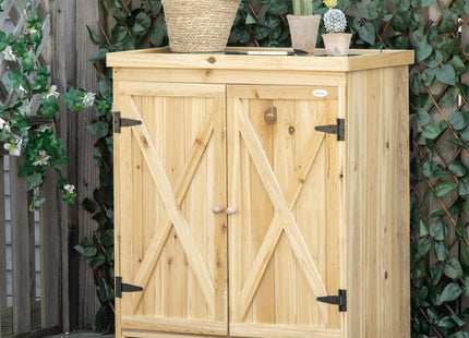 Garden Storage Cabinet, Outdoor Tool Shed with Galvanized Top and Two Shelves for Yard Tools or Pool Accessories, Natural