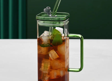 1 Pcs Green Glass Straw Cup, 6 Colors Square Glass Cup With Straw And Lid, High Borosilicate Glass Cup, Milk Cup, Juice Cup, Cold Drink Cup, Coffee Cup, Tea Cup, Office Cup, Gift Cup