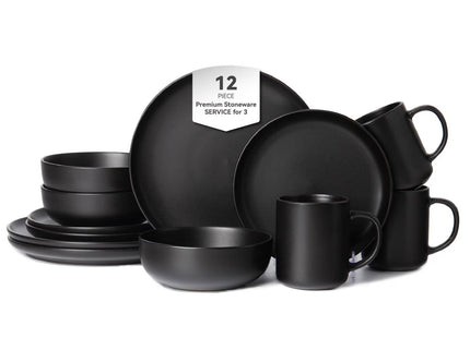12-Piece Stoneware Dinnerware Sets With Mugs   Microwave & Dishwasher Safe    Non-Toxic Dinner Plates Bowls Set   Stackable Matte Glaze Kitchenware For 3,Black