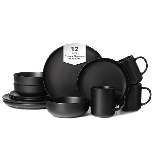 12-Piece Stoneware Dinnerware Sets With Mugs   Microwave & Dishwasher Safe    Non-Toxic Dinner Plates Bowls Set   Stackable Matte Glaze Kitchenware For 3,Black