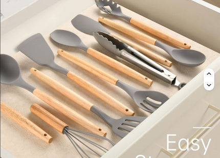 Non-Stick Silicon 12 Pcs Heat Resistant Wooden Handle Kitchen Cooking Utensils Set, Gray Color