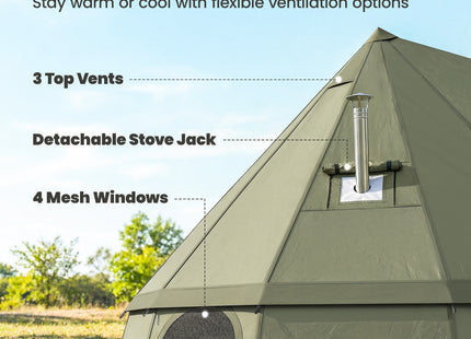 Teepee Tent Waterproof Camping Tent with Stove Jack for 4-6 People for Outdoor Camping Hiking Army Green