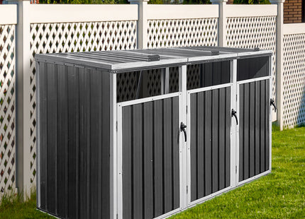 Garbage Bin Shed Stores 3 Trash Cans Metal Outdoor Bin Shed For Garbage Storage,Grey