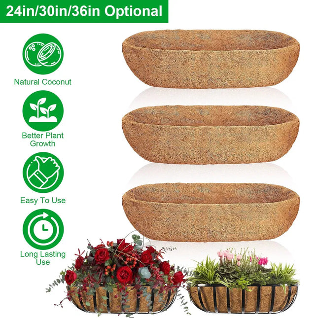 3Pcs 24in/30in/36in Trough Coco Liners For Planters Coconut Coir Planter For Window Box Hanging Trough Basket Half Moon Planter Liner Replacement For Garden Fence Flower Vegetable