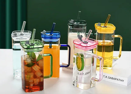 1 Pcs Blue Glass Straw Cup, 6 Colors Square Glass Cup With Straw And Lid, High Borosilicate Glass Cup, Milk Cup, Juice Cup, Cold Drink Cup, Coffee Cup, Tea Cup, Office Cup, Gift Cup
