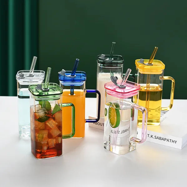 1 Pcs Blue Glass Straw Cup, 6 Colors Square Glass Cup With Straw And Lid, High Borosilicate Glass Cup, Milk Cup, Juice Cup, Cold Drink Cup, Coffee Cup, Tea Cup, Office Cup, Gift Cup