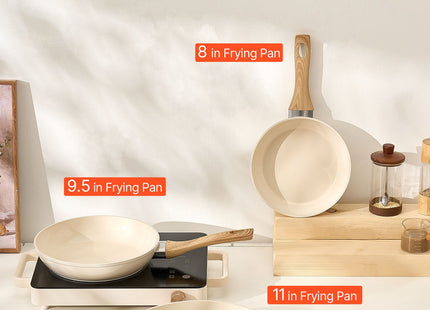 Frying Pan Skillet, Aluminum Egg Fry Pans, 3 Piece (8, 9.5, 11 In), Nonsitck Ceramic Heavy-Duty Skillets With Heat-Resistant Handle, Chef's Kitchen Cookware For Gas, Electric, Induction, Beige