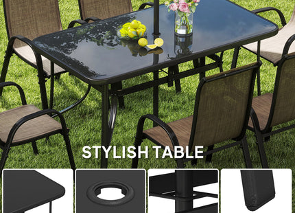 8 Pieces Patio Furniture Set with 9Ft Patio Umbrella, Outdoor Dining Table and Chairs, Light Mixed Brown