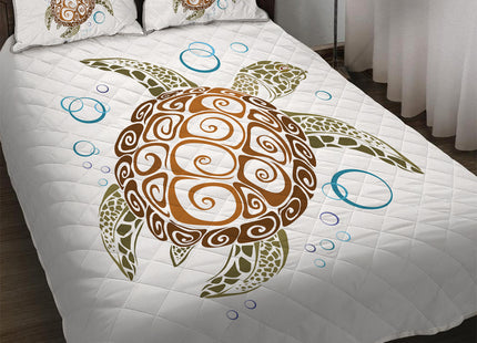 Sea Turtle Quilt Set Gold - Summer Lightweight Bedspread - Teen Beach Turtle Pattern - Soft Kids Teen Bed Coverlet Includes 1 Quilt And 2 Shams