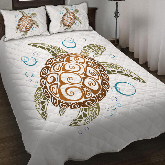 Sea Turtle Quilt Set Gold - Summer Lightweight Bedspread - Teen Beach Turtle Pattern - Soft Kids Teen Bed Coverlet Includes 1 Quilt And 2 Shams