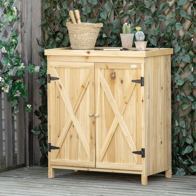 Garden Storage Cabinet, Outdoor Tool Shed with Galvanized Top and Two Shelves for Yard Tools or Pool Accessories, Natural
