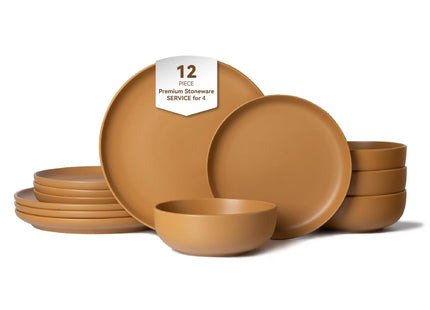 12-Piece Stoneware Dinner Plates Bowls Sets   Microwave & Dishwasher Safe   Non-Toxic Dinner Plates Bowls Set   Stackable Matte Glaze Kitchenware For 4