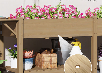 Wood Raised Garden Box, Elevated Garden Bed with Side Table, Bottom Shelf, Bed Liners and Drainage Holes, Carbonized