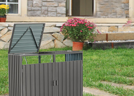 Garbage Bin Shed Stores 2 Trash Cans Metal Outdoor Bin Shed For Garbage Storage,Stainless Galvanized Steel, Bin Shed For Garden Yard Lawn,Grey
