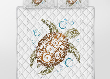 Sea Turtle Quilt Set Gold - Summer Lightweight Bedspread - Teen Beach Turtle Pattern - Soft Kids Teen Bed Coverlet Includes 1 Quilt And 2 Shams