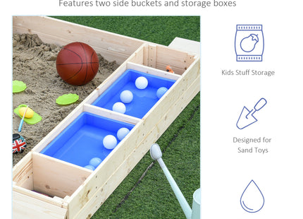Kids Wooden Sandbox w/ Two Plastic Boxes Foldable Bench Seat Waterproof Cover Bottom Liner Storage Space