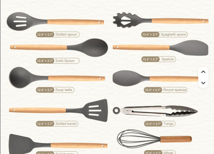 Non-Stick Silicon 12 Pcs Heat Resistant Wooden Handle Kitchen Cooking Utensils Set, Gray Color