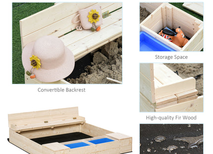 Kids Wooden Sandbox w/ Two Plastic Boxes Foldable Bench Seat Waterproof Cover Bottom Liner Storage Space