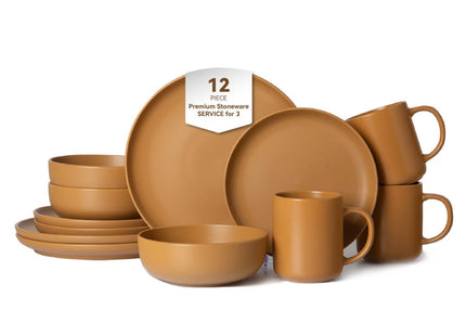 12-Piece Stoneware Dinnerware Sets With Mugs  Microwave & Dishwasher Safe Non-Toxic Dinner Plates Bowls Set  Stackable Matte Glaze Kitchenware For 3