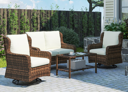4 Piece Rattan Patio Furniture Set, Conversation Set with Swivel Glider Chairs Table Loveseat for Garden, Patio, Cream
